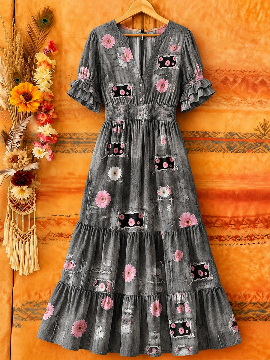Women's Retro Art Print Washed Cotton Lace Patchwork Midi Dress